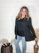 "Here We Go" Ribbed Cardigan with Pockets (Black)-Lola Monroe Boutique