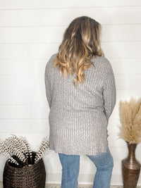 "Here We Go" Ribbed Cardigan with Pockets (Gray)