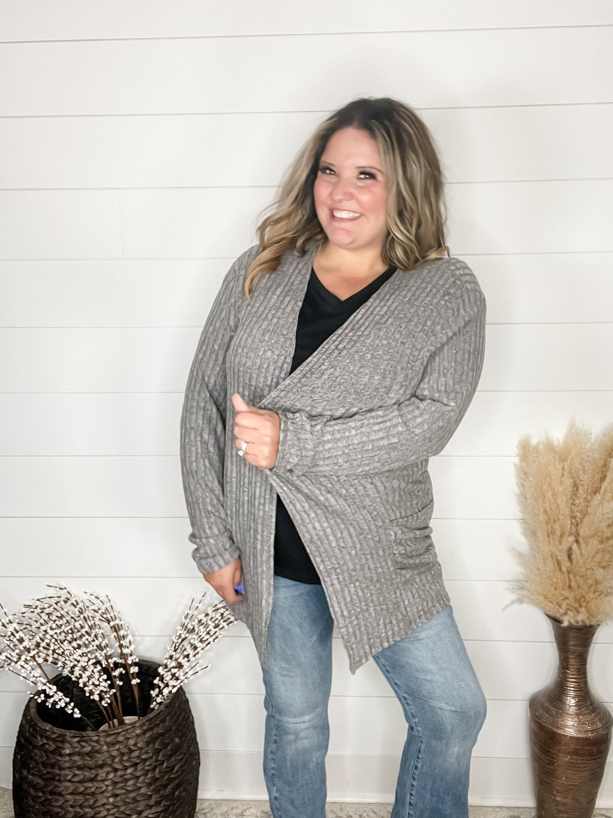 "Here We Go" Ribbed Cardigan with Pockets (Gray)