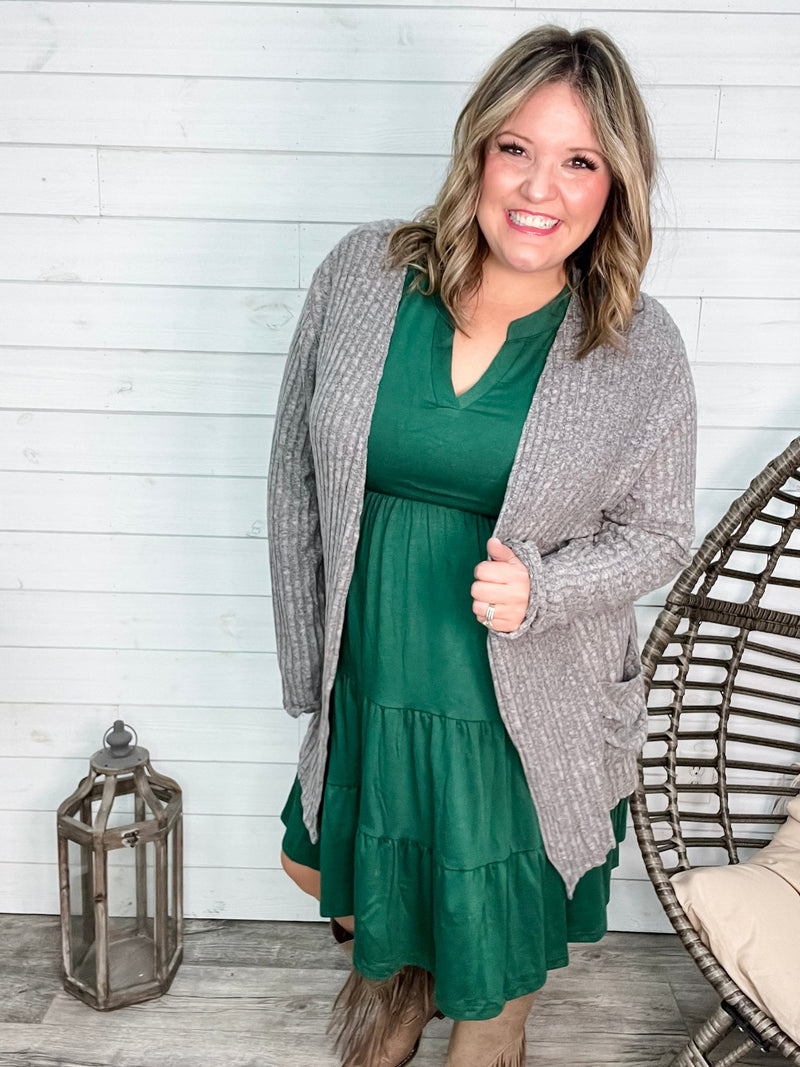 "Here We Go" Ribbed Cardigan with Pockets (Gray)-Lola Monroe Boutique