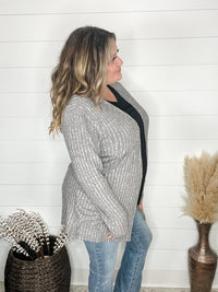 "Here We Go" Ribbed Cardigan with Pockets (Gray)