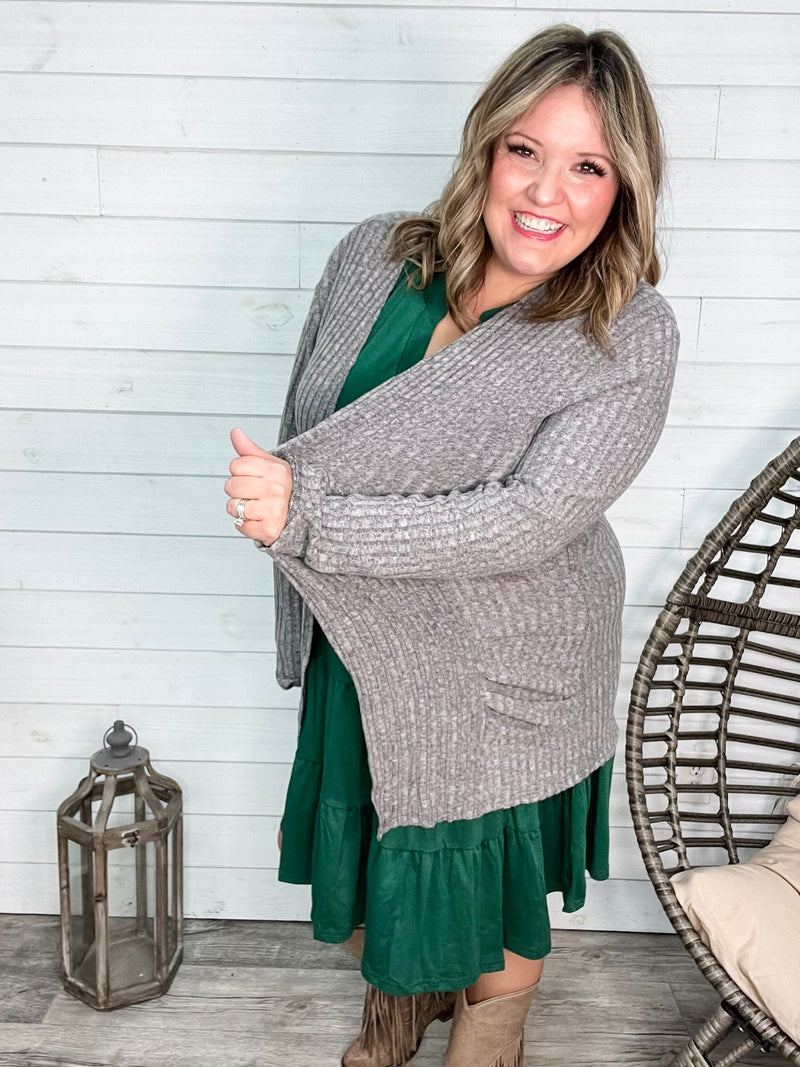 "Here We Go" Ribbed Cardigan with Pockets (Gray)-Lola Monroe Boutique