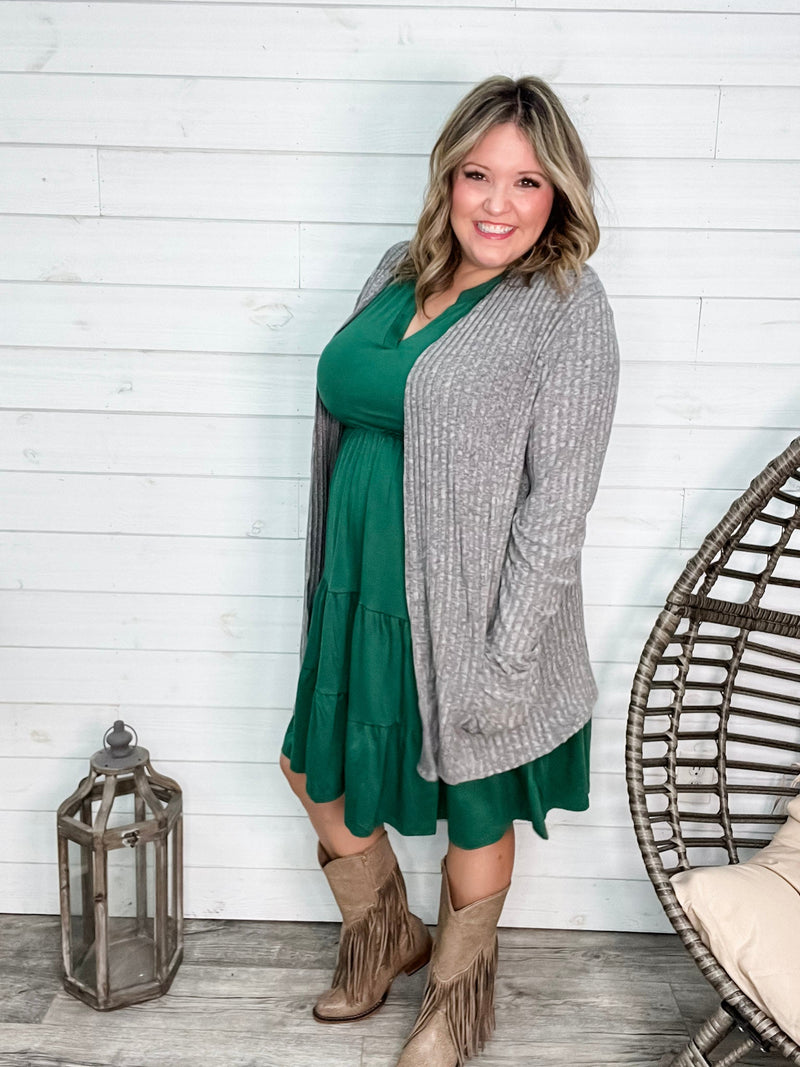 "Here We Go" Ribbed Cardigan with Pockets (Gray)-Lola Monroe Boutique