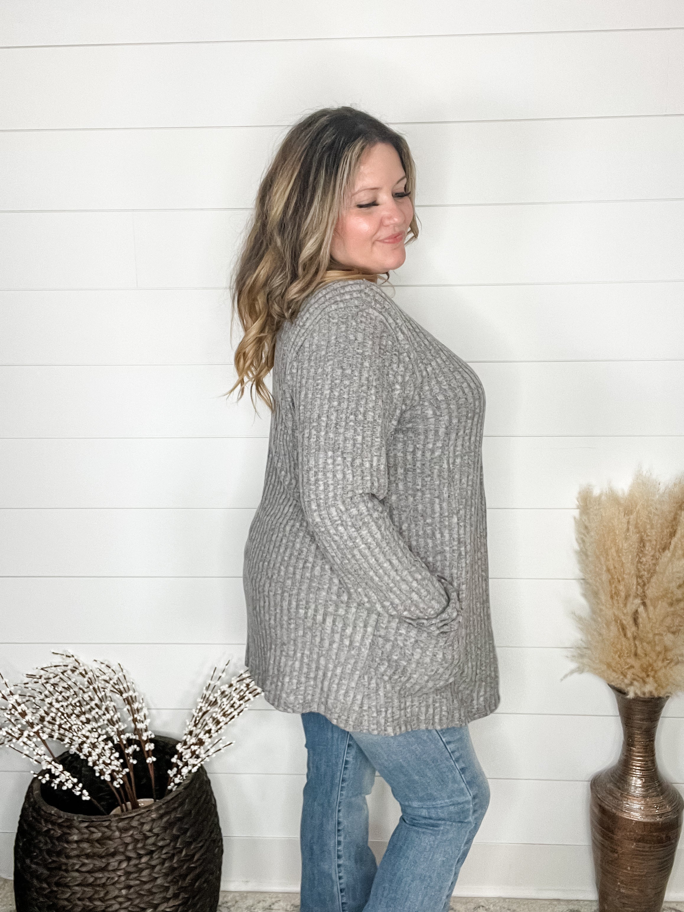 "Here We Go" Ribbed Cardigan with Pockets (Gray)-Lola Monroe Boutique