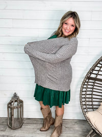 "Here We Go" Ribbed Cardigan with Pockets (Gray)-Lola Monroe Boutique