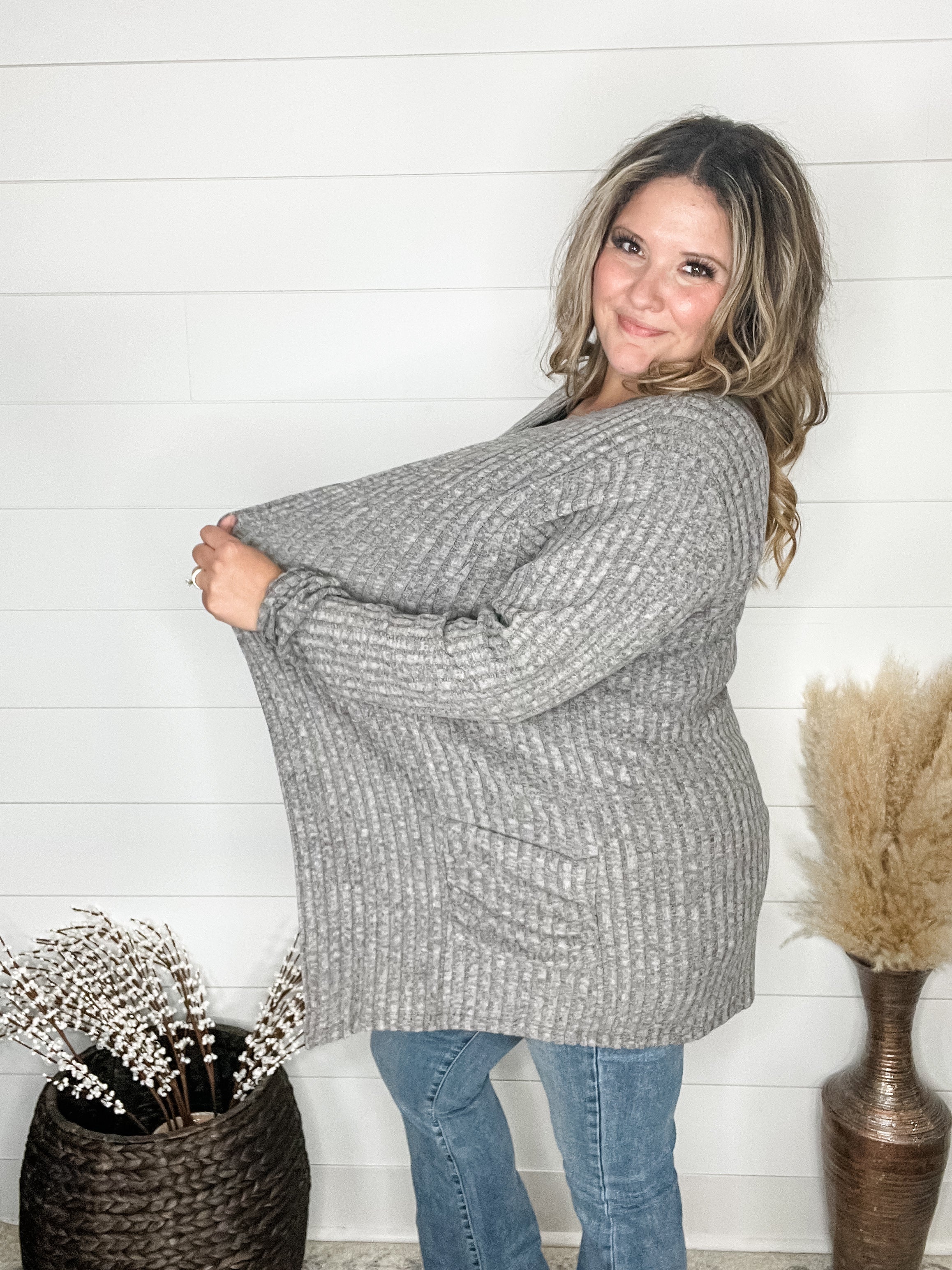 "Here We Go" Ribbed Cardigan with Pockets (Gray)-Lola Monroe Boutique