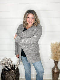 "Here We Go" Ribbed Cardigan with Pockets (Gray)