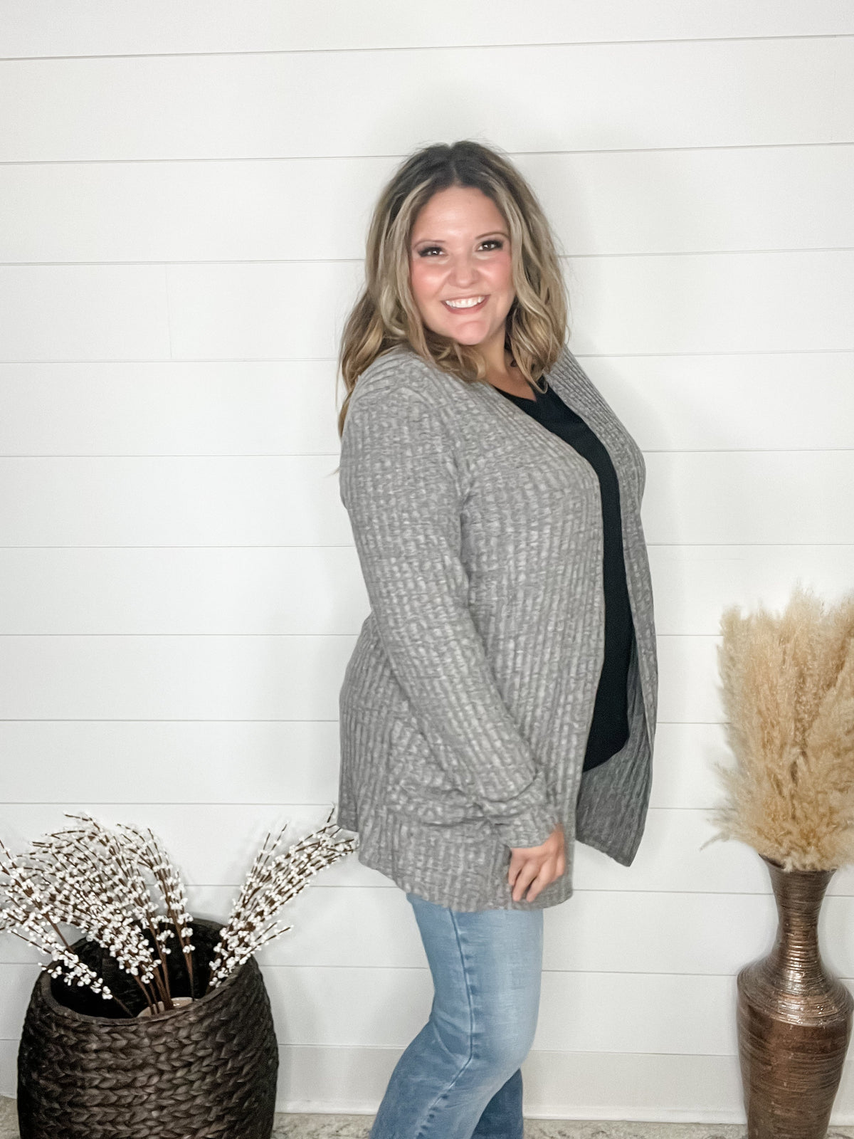 "Here We Go" Ribbed Cardigan with Pockets (Gray)