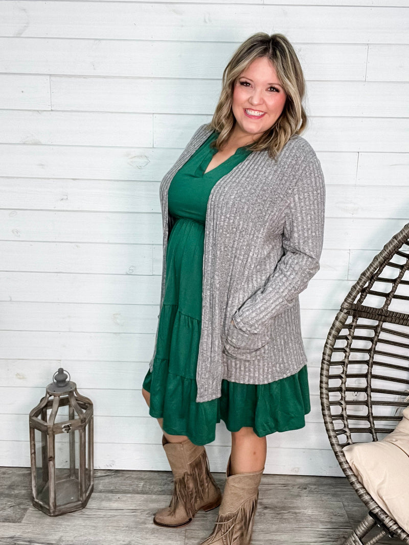 "Here We Go" Ribbed Cardigan with Pockets (Gray)-Lola Monroe Boutique