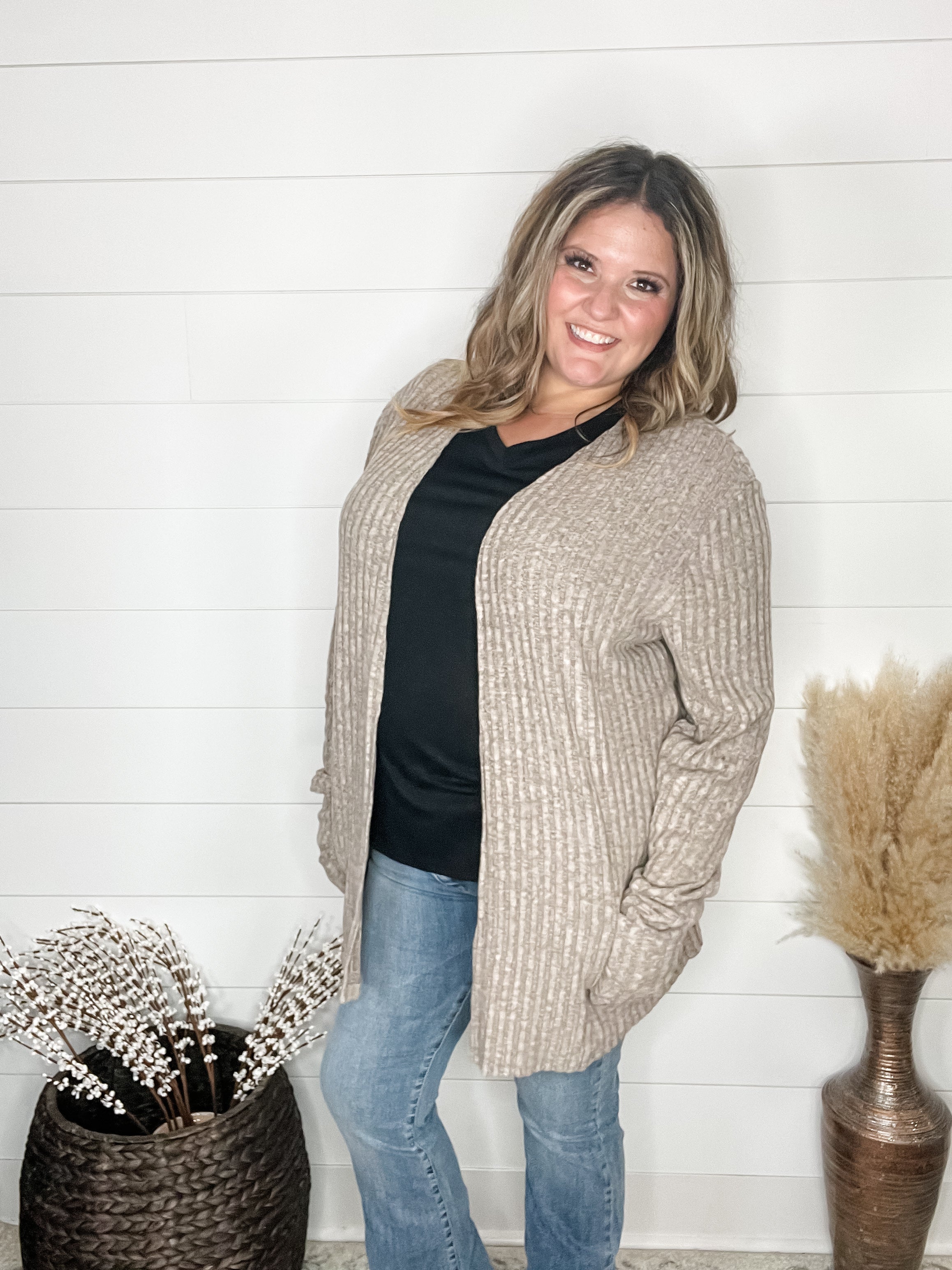 "Here We Go" Ribbed Cardigan with Pockets (Taupe)-Lola Monroe Boutique