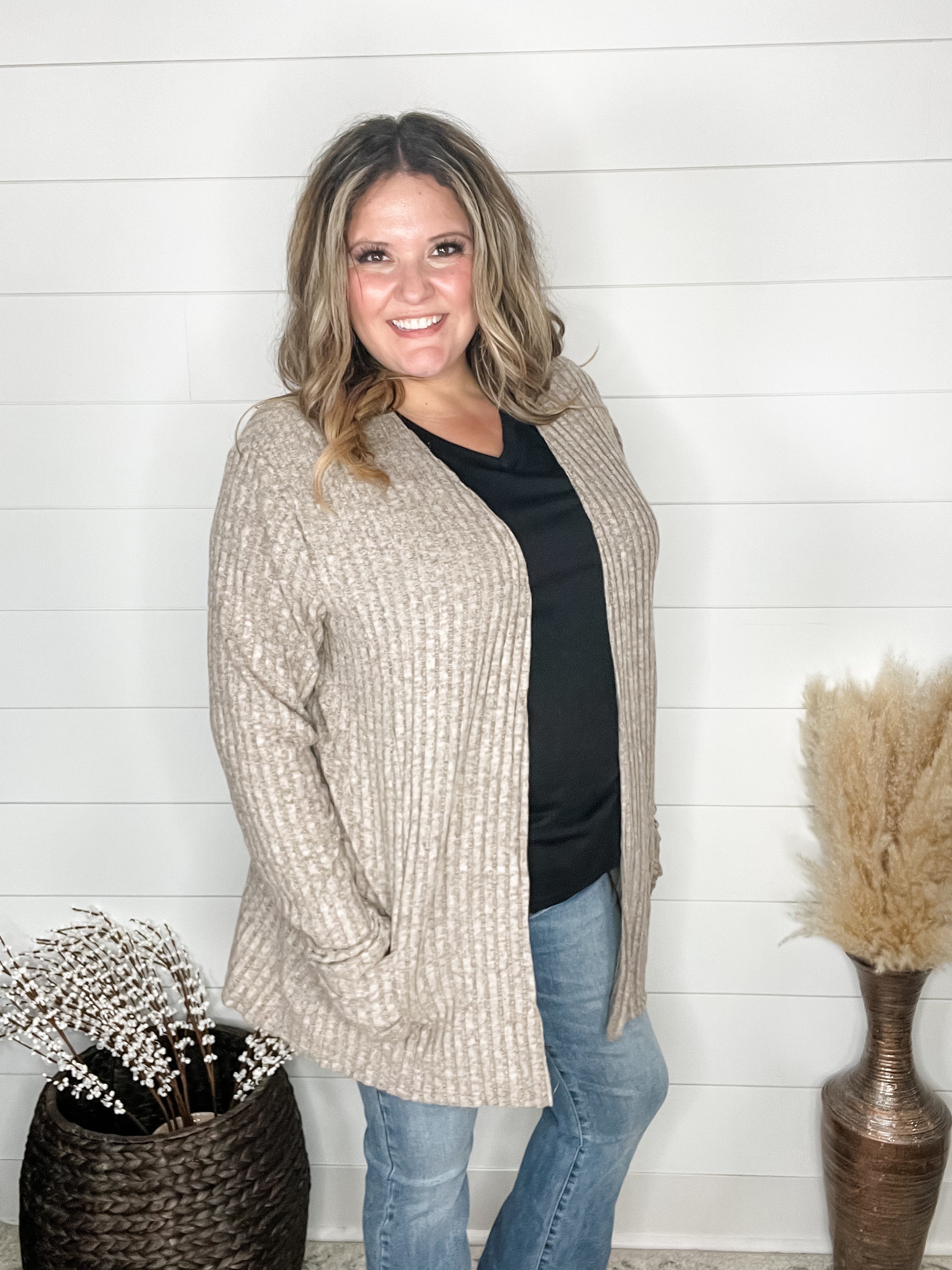 "Here We Go" Ribbed Cardigan with Pockets (Taupe)-Lola Monroe Boutique