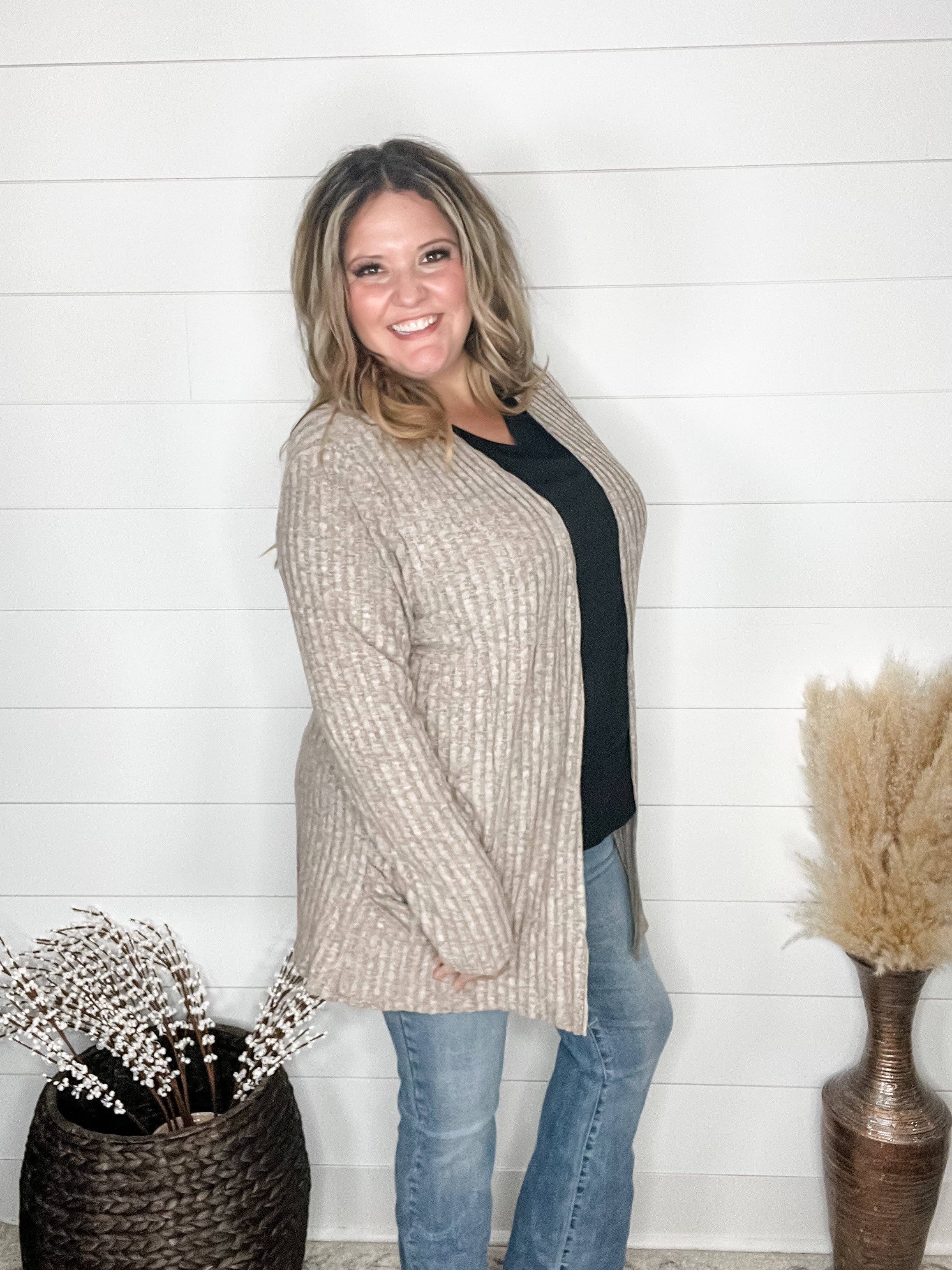 "Here We Go" Ribbed Cardigan with Pockets (Taupe)-Lola Monroe Boutique