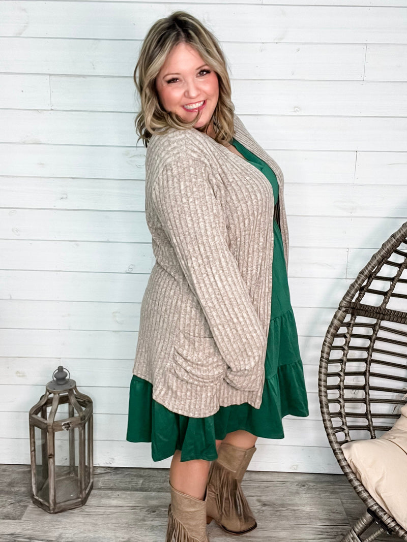 "Here We Go" Ribbed Cardigan with Pockets (Taupe)-Lola Monroe Boutique