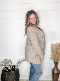 "Here We Go" Ribbed Cardigan with Pockets (Taupe)