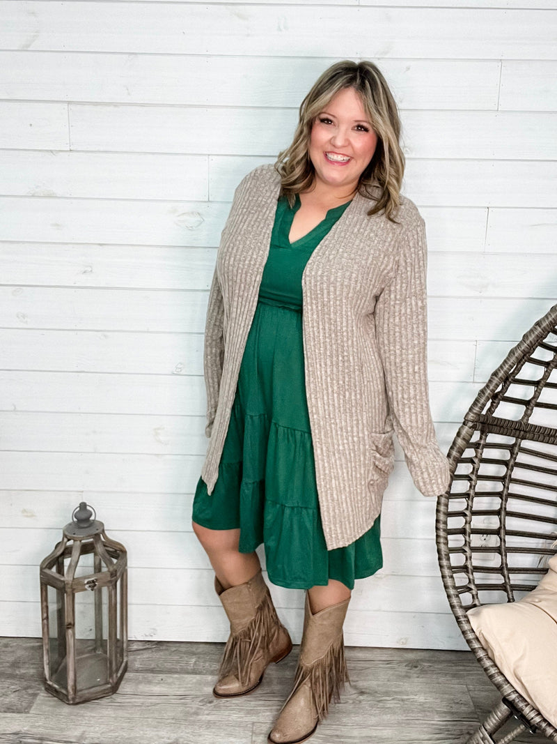 "Here We Go" Ribbed Cardigan with Pockets (Taupe)-Lola Monroe Boutique