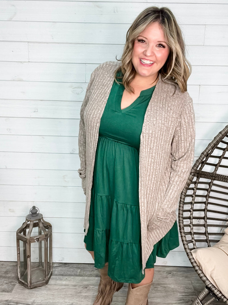 "Here We Go" Ribbed Cardigan with Pockets (Taupe)-Lola Monroe Boutique