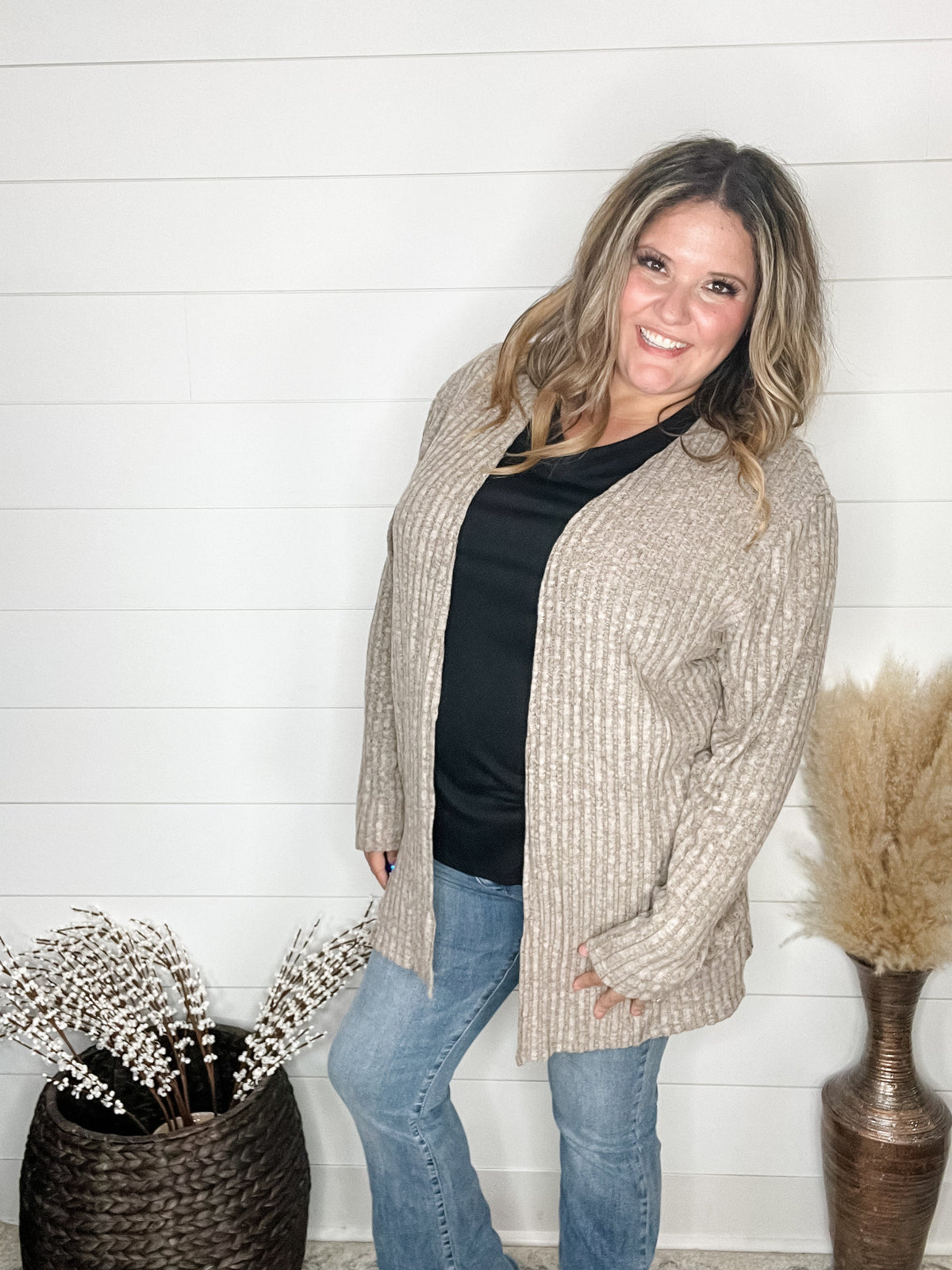 "Here We Go" Ribbed Cardigan with Pockets (Taupe)