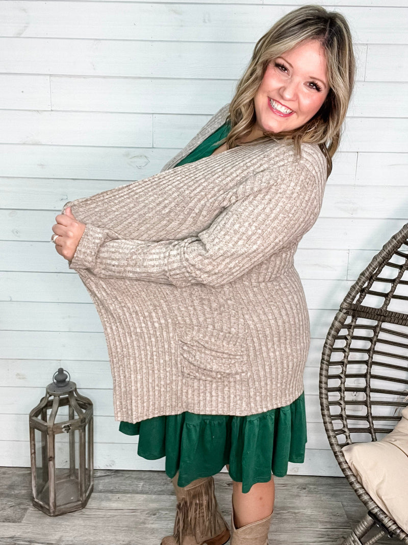 "Here We Go" Ribbed Cardigan with Pockets (Taupe)-Lola Monroe Boutique