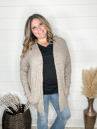 "Here We Go" Ribbed Cardigan with Pockets (Taupe)