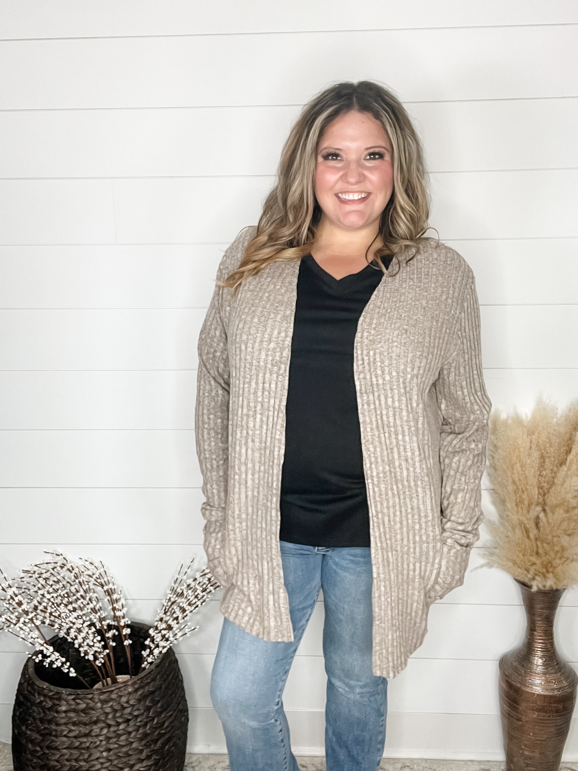 "Here We Go" Ribbed Cardigan with Pockets (Taupe)-Lola Monroe Boutique