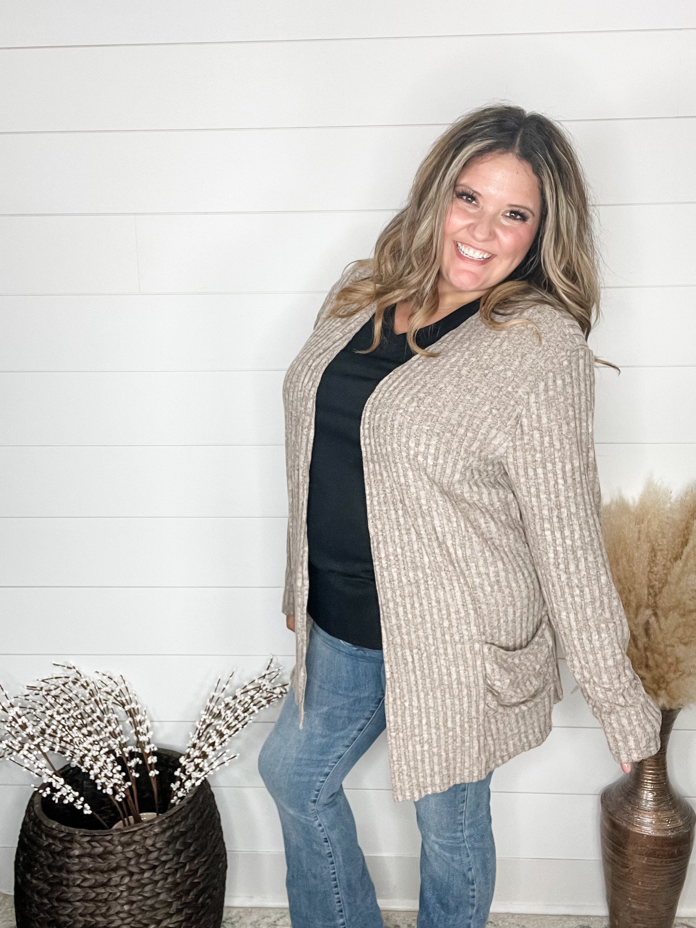 "Here We Go" Ribbed Cardigan with Pockets (Taupe)-Lola Monroe Boutique