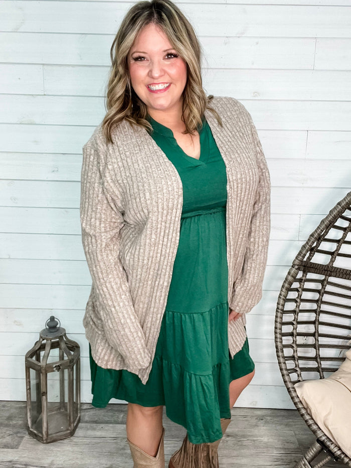 "Here We Go" Ribbed Cardigan with Pockets (Taupe)-Lola Monroe Boutique