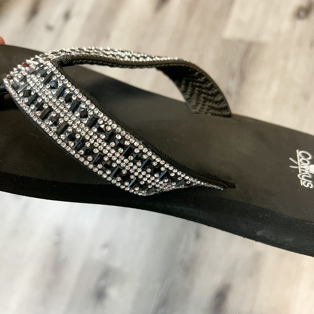 "Hibiscus" Jeweled Flip Flop By Corkys (Black Clear)-Lola Monroe Boutique