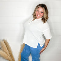 "Honey Bee" Short Sleeve Faux Button Detail Waffle Texture Tops (Ivory)-Lola Monroe Boutique