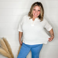 "Honey Bee" Short Sleeve Faux Button Detail Waffle Texture Tops (Ivory)-Lola Monroe Boutique