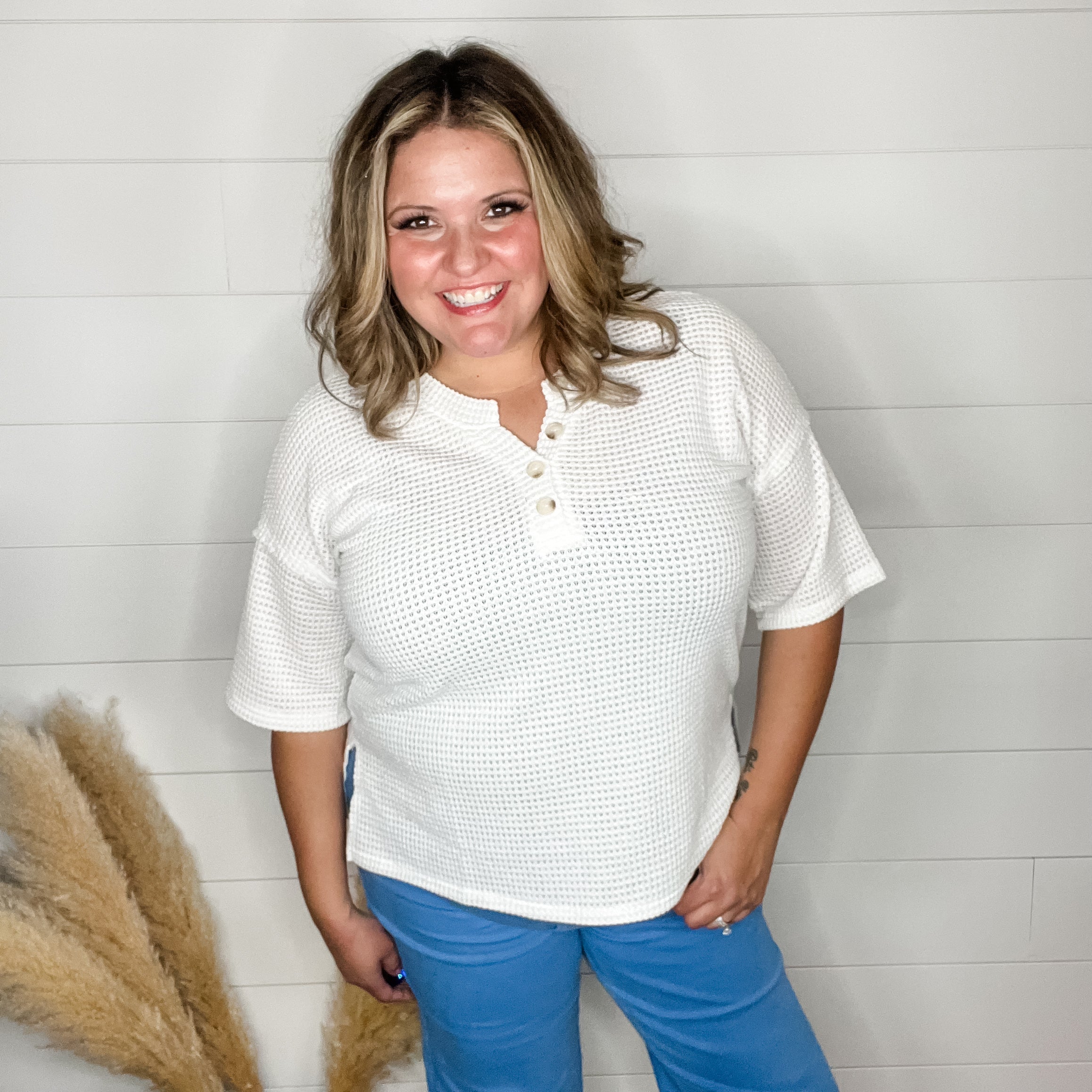 "Honey Bee" Short Sleeve Faux Button Detail Waffle Texture Tops (Ivory)-Lola Monroe Boutique