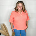 "Honey Bee" Short Sleeve Faux Button Detail Waffle Texture Tops (Neon Coral)-Lola Monroe Boutique