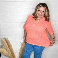 "Honey Bee" Short Sleeve Faux Button Detail Waffle Texture Tops (Neon Coral)-Lola Monroe Boutique