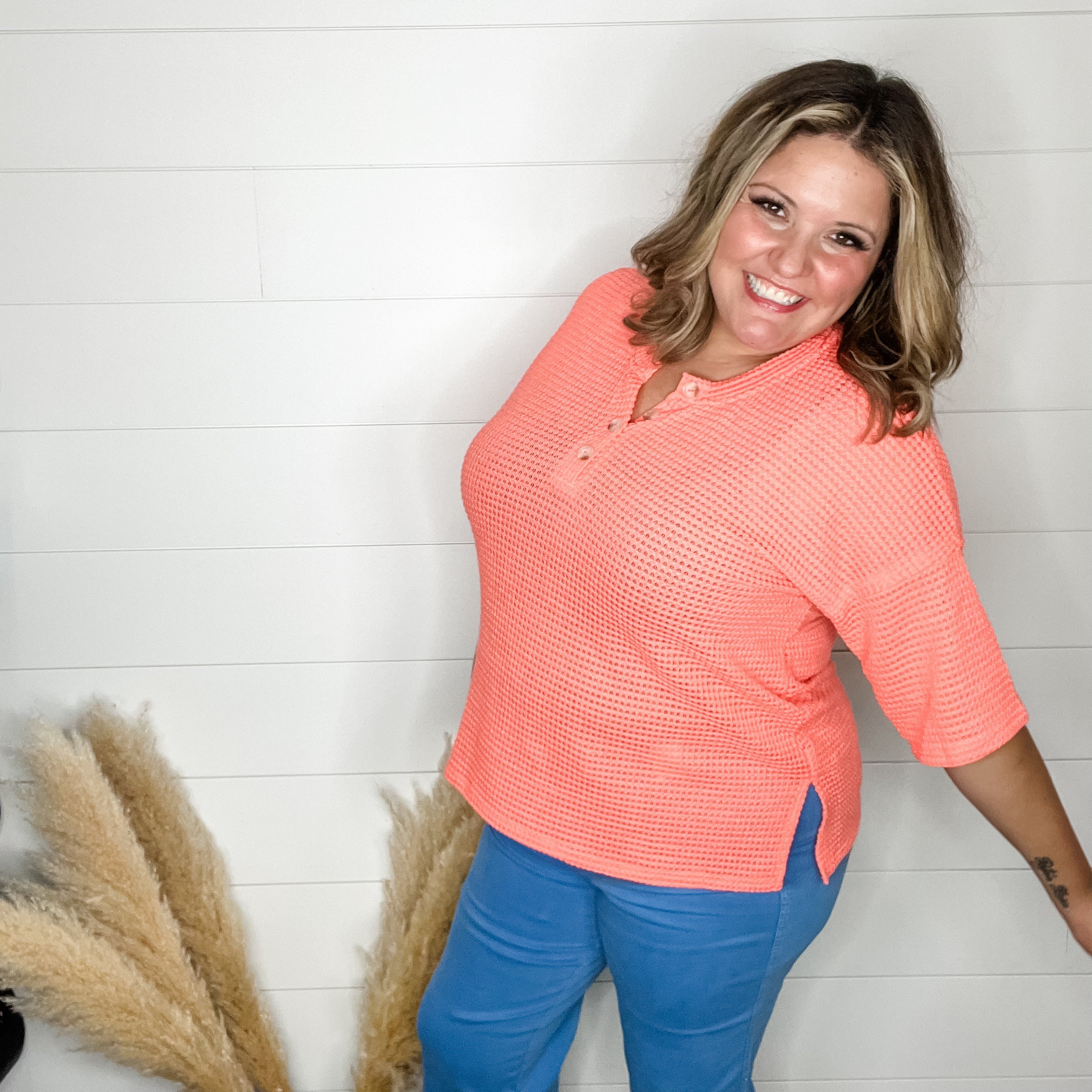 "Honey Bee" Short Sleeve Faux Button Detail Waffle Texture Tops (Neon Coral)-Lola Monroe Boutique