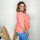 "Honey Bee" Short Sleeve Faux Button Detail Waffle Texture Tops (Neon Coral)-Lola Monroe Boutique