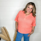 "Honey Bee" Short Sleeve Faux Button Detail Waffle Texture Tops (Neon Coral)-Lola Monroe Boutique