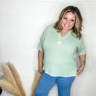 "Honey Bee" Short Sleeve Faux Button Detail Waffle Texture Tops (Sage)-Lola Monroe Boutique