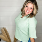 "Honey Bee" Short Sleeve Faux Button Detail Waffle Texture Tops (Sage)-Lola Monroe Boutique