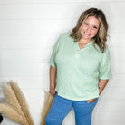 "Honey Bee" Short Sleeve Faux Button Detail Waffle Texture Tops (Sage)-Lola Monroe Boutique