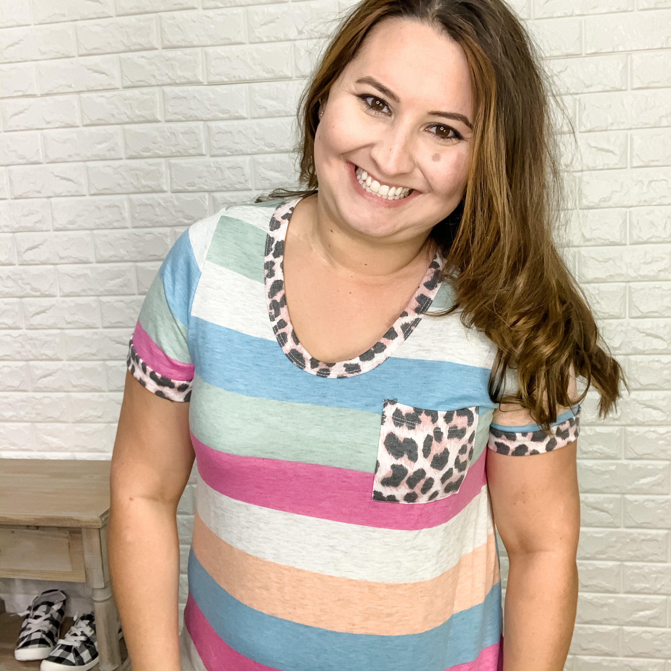 Honey Me Striped Tee with Animal Print Pocket-Lola Monroe Boutique