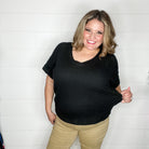 "Honeycomb" Cuffed Short Sleeve Waffle Texture Top (Black)-Lola Monroe Boutique