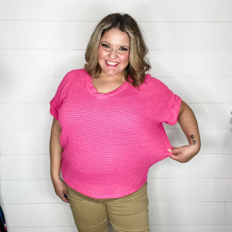 "Honeycomb" Cuffed Short Sleeve Waffle Texture Top (Hot Pink)-Lola Monroe Boutique