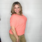 "Honeycomb" Cuffed Short Sleeve Waffle Texture Top (Neon Coral)-Lola Monroe Boutique