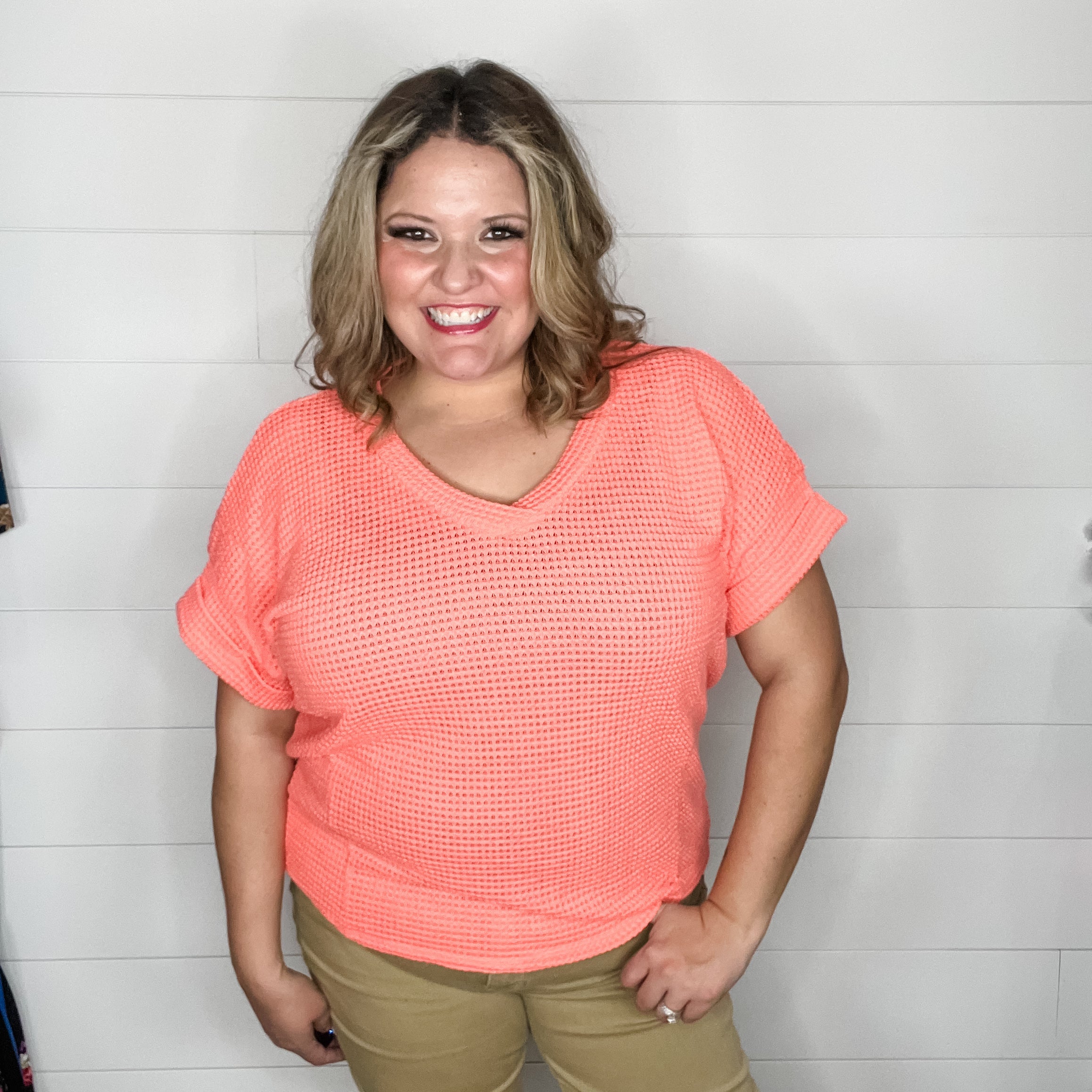 "Honeycomb" Cuffed Short Sleeve Waffle Texture Top (Neon Coral)-Lola Monroe Boutique