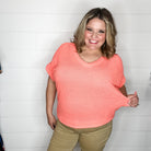 "Honeycomb" Cuffed Short Sleeve Waffle Texture Top (Neon Coral)-Lola Monroe Boutique