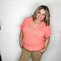 "Honeycomb" Cuffed Short Sleeve Waffle Texture Top (Neon Coral)-Lola Monroe Boutique