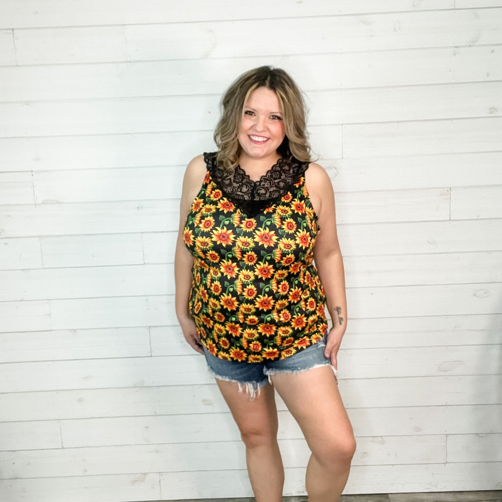 "I Am Happy" Sunflower Tank with Lace Detail