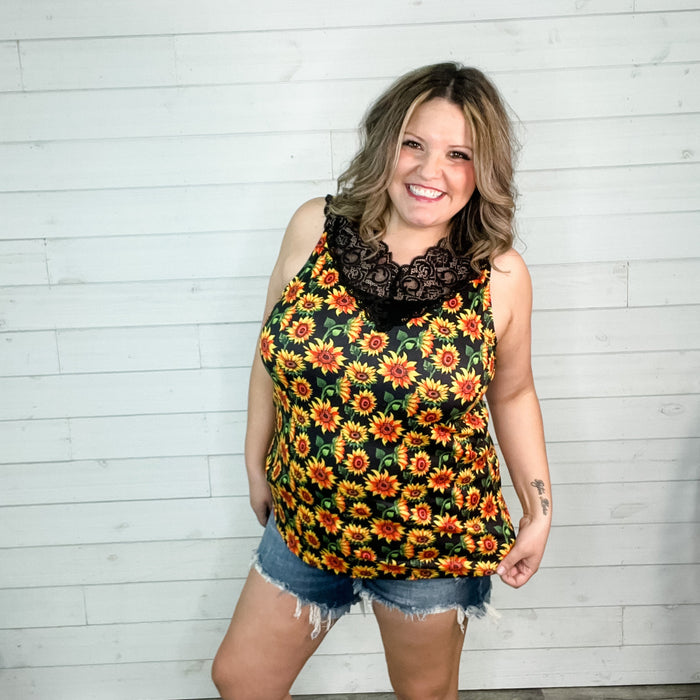 "I Am Happy" Sunflower Tank with Lace Detail-Lola Monroe Boutique