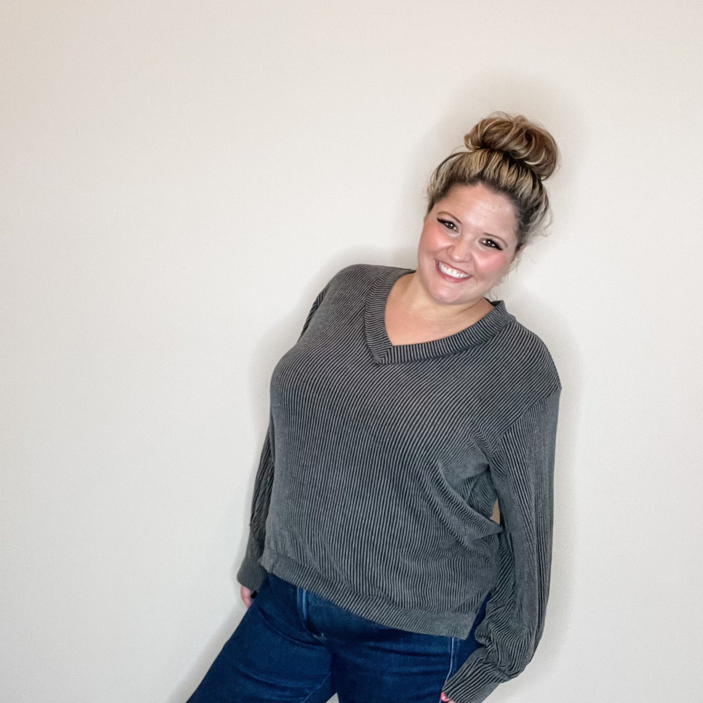 "If You Say So" V Neck Long Sleeve Ribbed Weekender