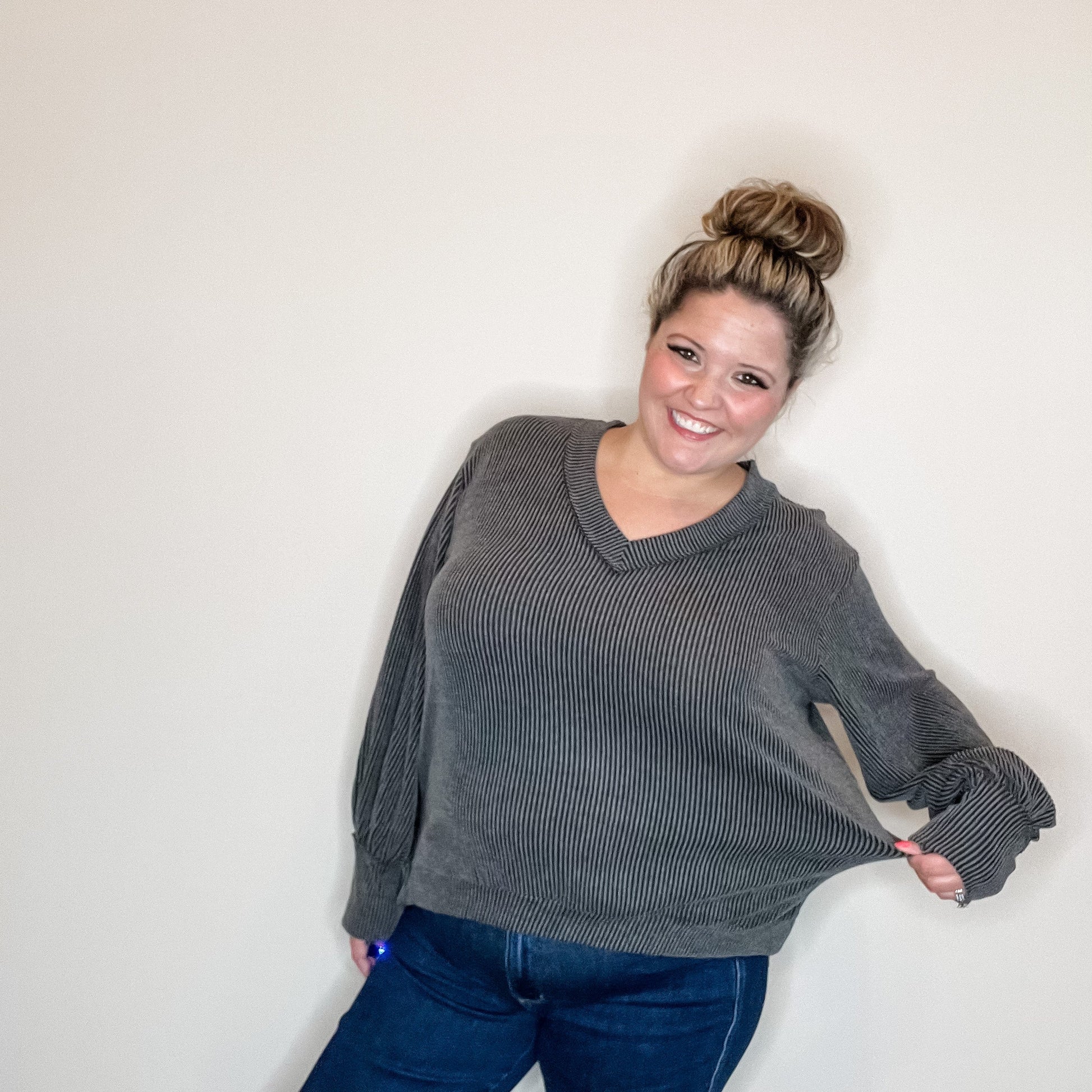 "If You Say So" V Neck Long Sleeve Ribbed Weekender