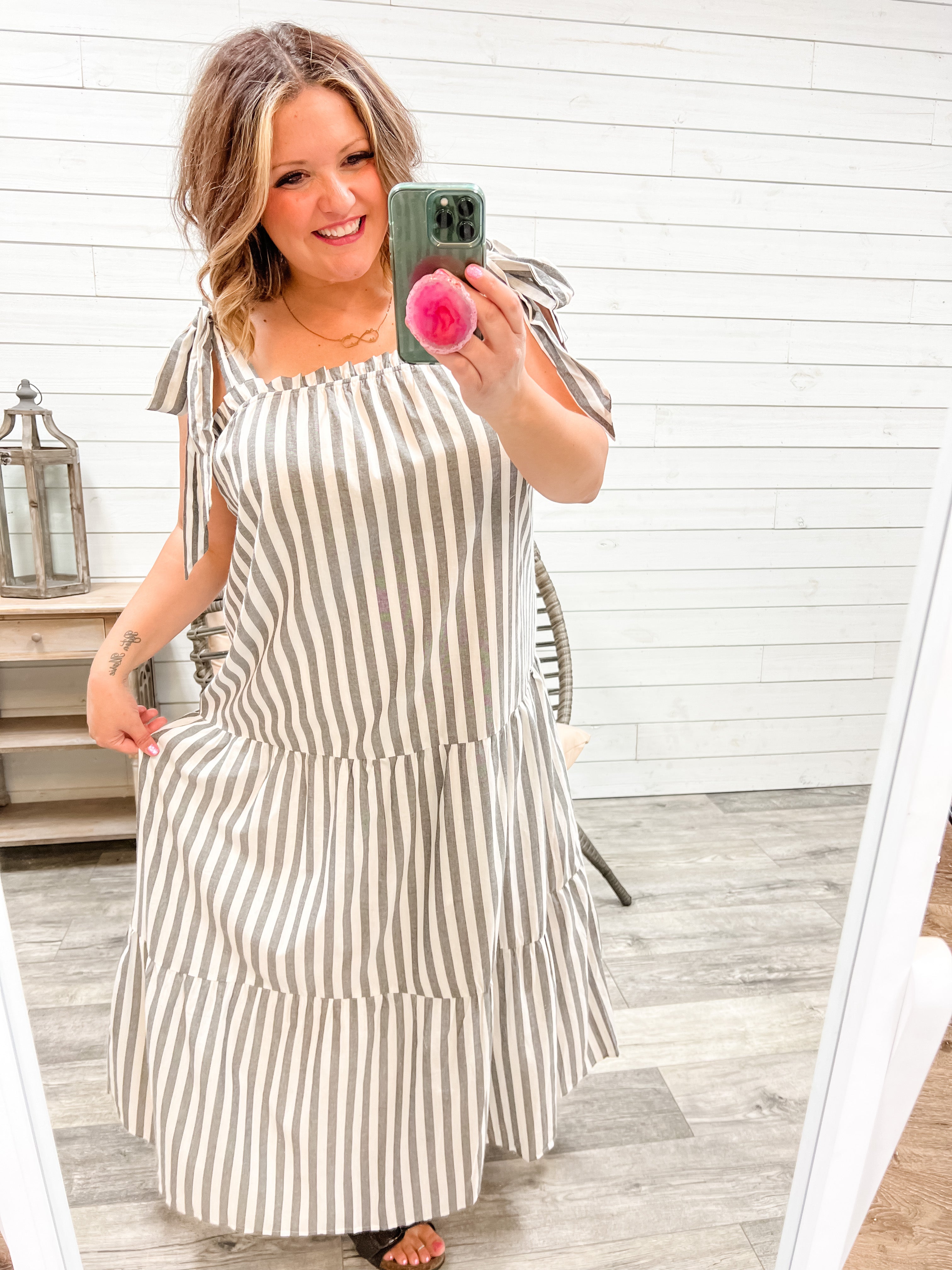 I'm Ready" Striped Tiered Maxi Dress with Shoulder Ties-Lola Monroe Boutique